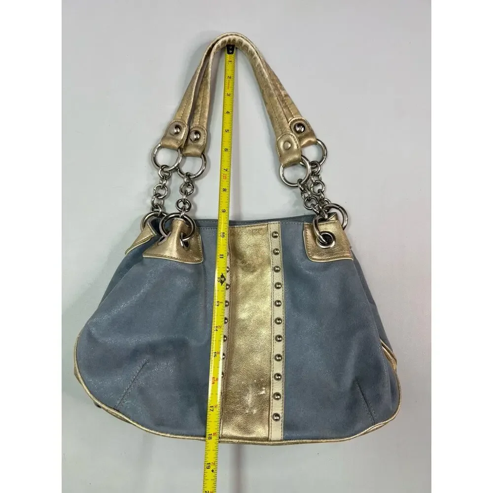 Kathy Van Zeeland Gold Blue Shimmer Distressed Purse Silver Studs Y2K